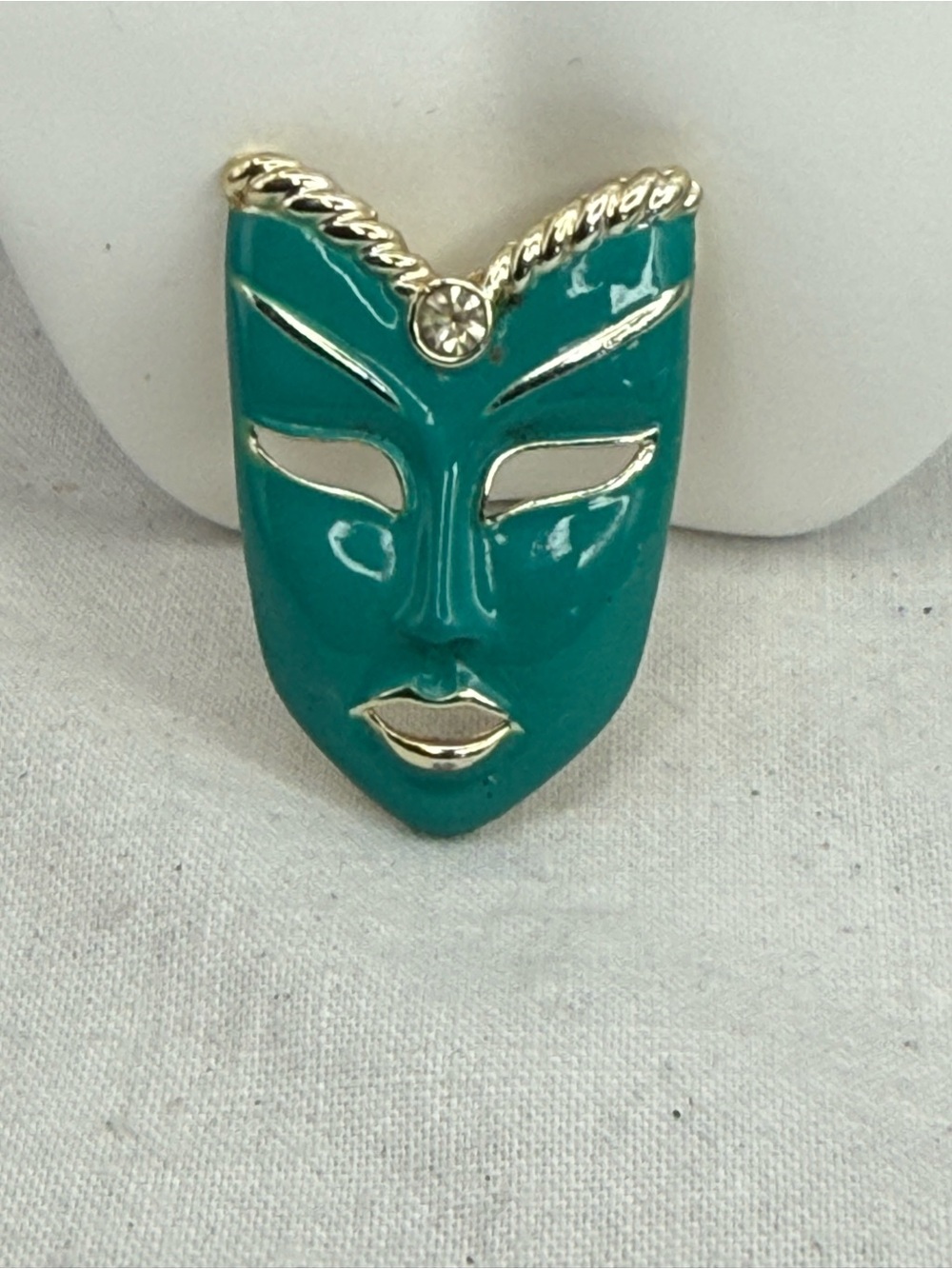 Vintage Teal Enamel Masquerade Maude Gras Mask Brooch with Gold Accents